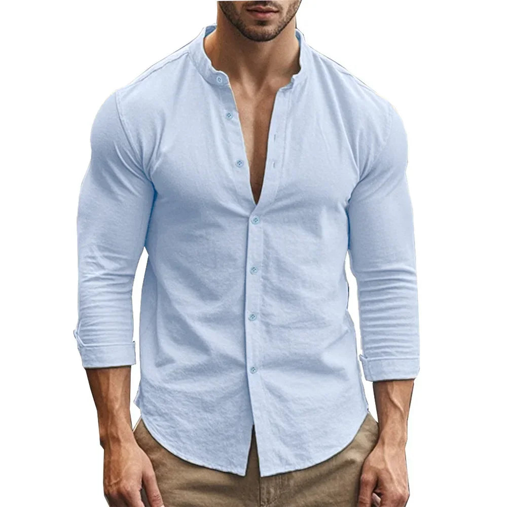 Men's Henry Shirts Cotton Linen Slim Fit Causal Hawaiian Solid Color Basic Style Spring Summer Breathable Men Clothing - Evallys.com