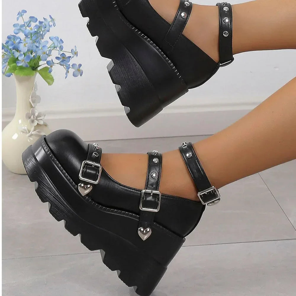 DoraTasia Retro INS Black Round Toe Heel Studded Punk Nightclub Ladies Mary Jane Y2 Lace Buckle Lolita Women's Shoes - Evallys.com