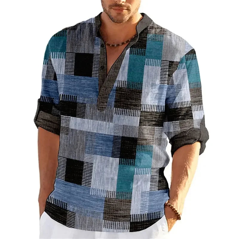 Patchwork 3D Print Color Block Henley Shirts Men's Fashion Vintage Stand Collar Long Sleeve Shirt Male Tops Blouse Man Clothing - Evallys.com
