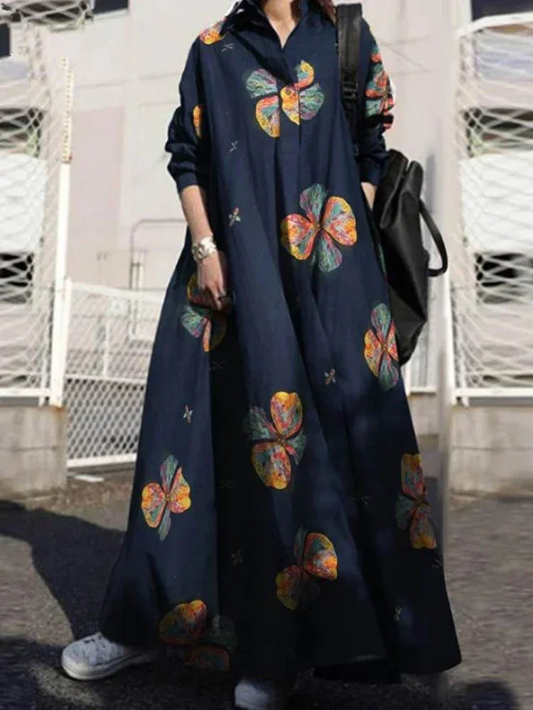 Vintage Cotton Linen Shirt Dress Women’s Autumn Long Maxi Robe - Evallys.com