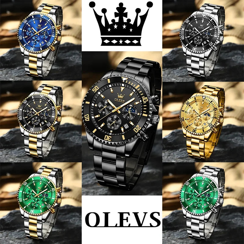OLEVS Men's Watches Top Brand Luxury Watch for Men Original Waterproof Stainless Steel Chronograph Moon Phase Date Rota Dial - Evallys.com