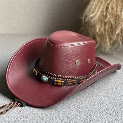 Faux Leather Cowboy Hat – Vintage Unisex Western Jazz Dress Cap - Evallys.com