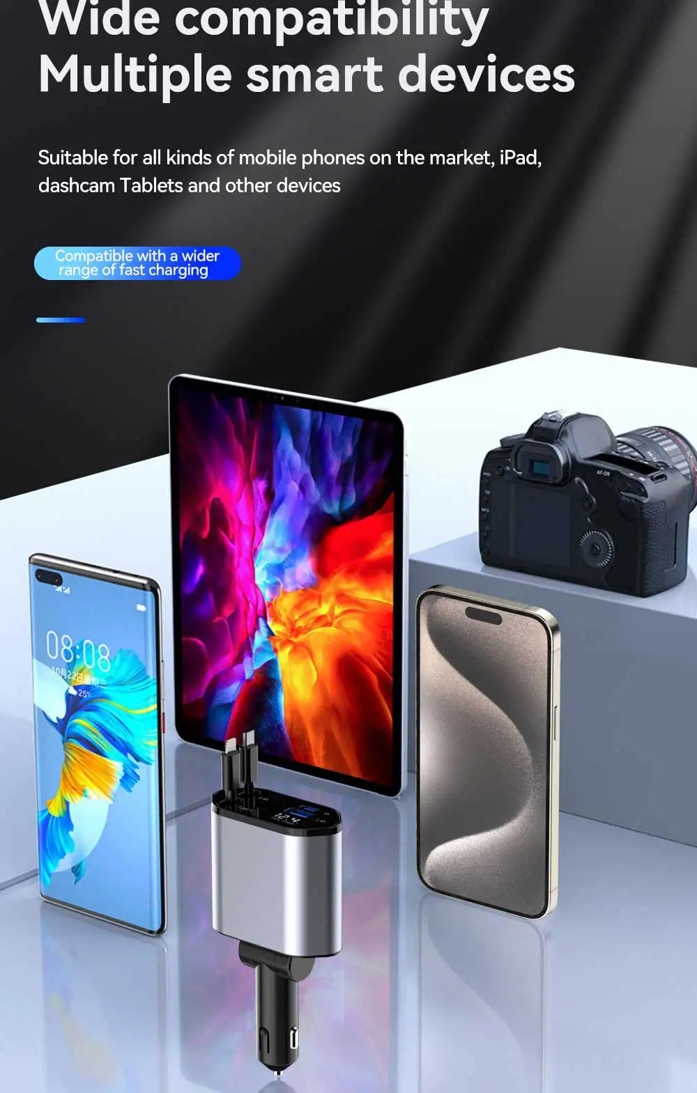 120W 4 in 1 Car Charger Retractable Car Cigarette Lighter Adapter USB Type C Fast Charger Cable For IPhone Xiaomi Huawei Samsung