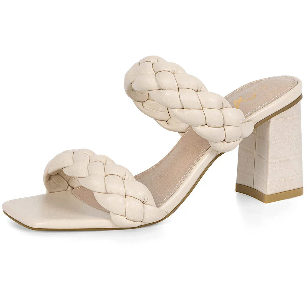 Elegant Women's Braided Heels Sandalias Fashion Strappy Square Sandals Open Toe Backless Mules Slip On Block Heeled Shoes - Evallys.com