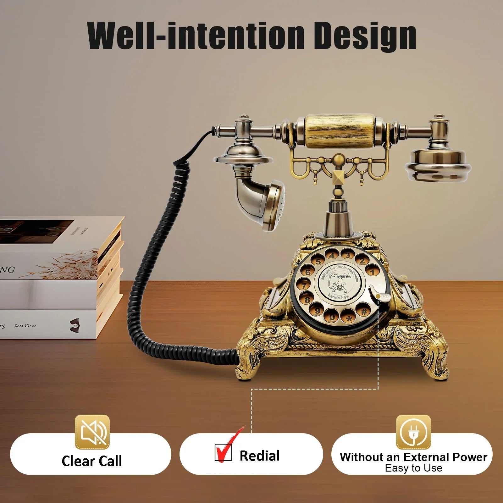 Vintage Telephone, Rotary Dial Desk Phone, Charge Through Telephone Line, Redial Noise-Canceling for Wedding Decorative Art - Evallys.com