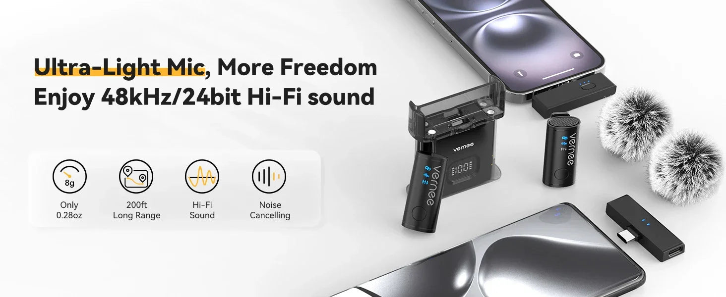 vernee V10 Wireless Lavalier Microphone 60M Noise Cancellation Vlog Short Video Recording Mini Mic for iPhone/Android - Evallys.com