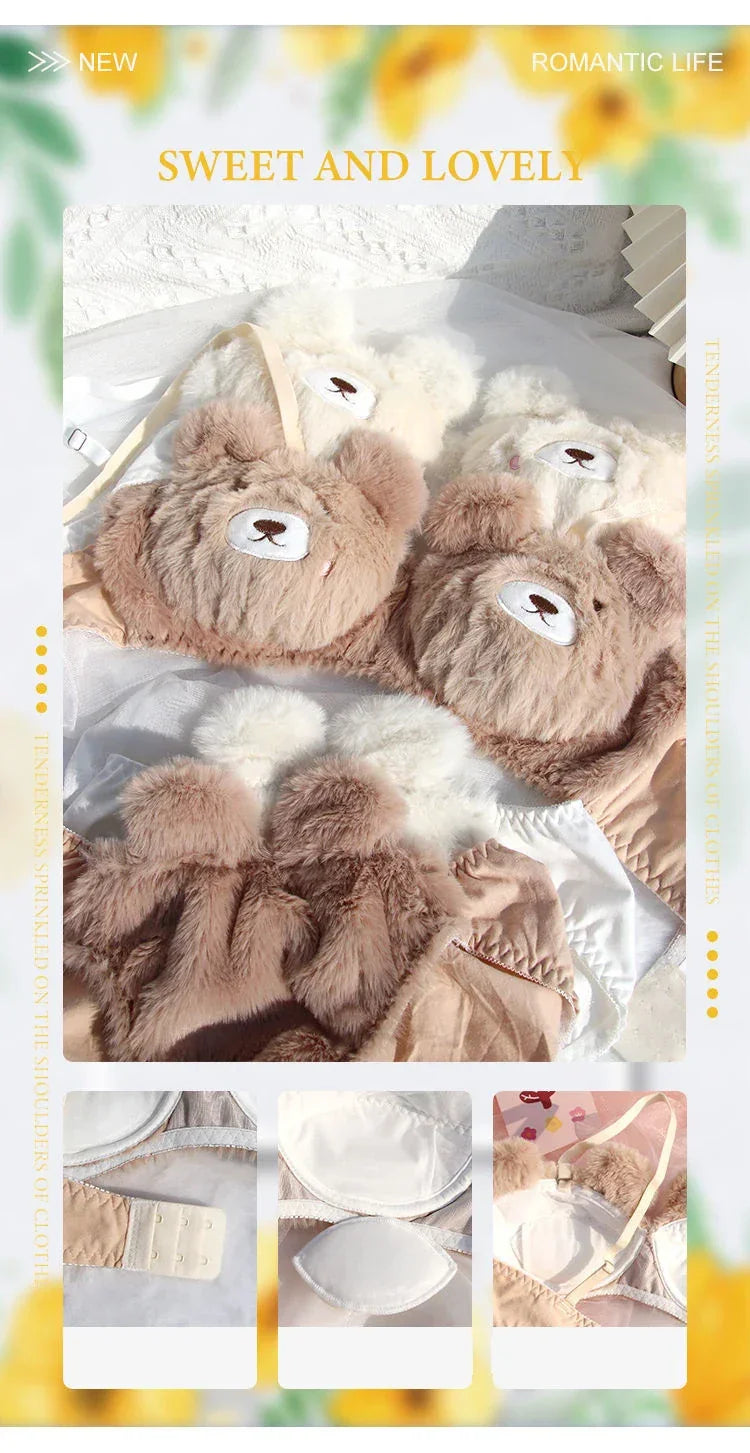 Japanese Girls Winter Soft Ropa Interior Cute Lingerie for Women Cartoon Bear Students Plush Sexy Bras Wireless Thin Bra Set - Evallys.com