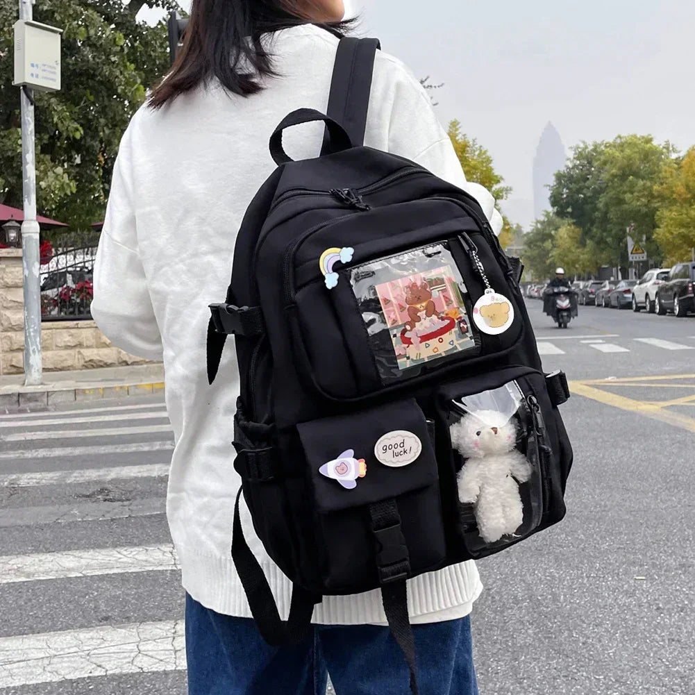 Student Schoolbag Nylon College Student Rucksack with Plush Pendant Pin Cute Kawaii Large Capacity Japanese Style for Teen Girls - Evallys.com