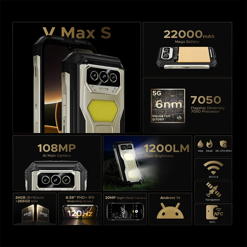 World Premiere DOOGEE V Max S 5G Rugged Phone Dual Camping Lights 22000mAh Battery 24GB(8+16) 256GB 108MP AI Camera Smartphone - Evallys.com