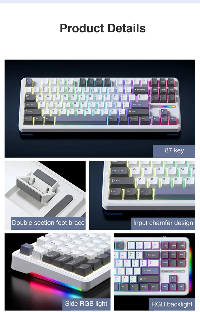 AULA F87 Pro Mechanical Keyboard 3 Mode 2.4G/USB/Bluetooth Tri Mode Wireless Gaming Keyboard 87 Key Hotswap RGB Gasket Keyboard - Evallys.com