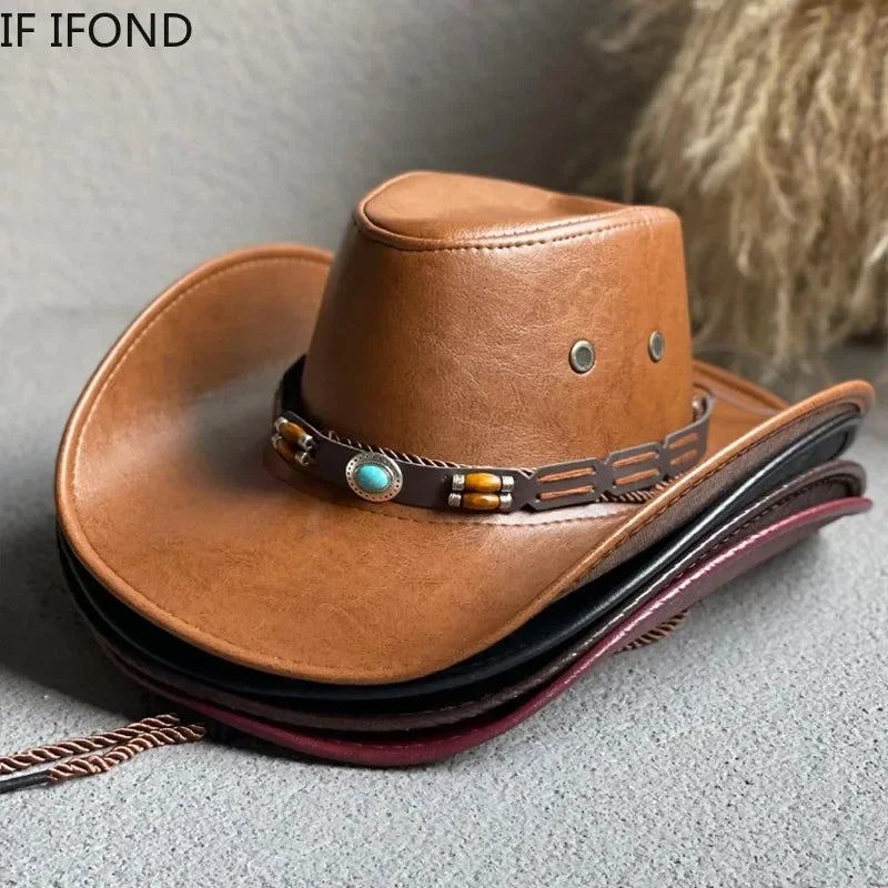 Faux Leather Cowboy Hat – Vintage Unisex Western Jazz Dress Cap - Evallys.com
