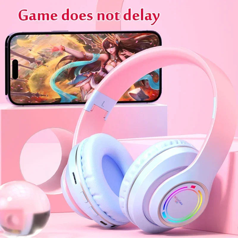 RGB Bluetooth Wireless Headphones For Girls Children's Headset with Microphone Support SD Card HIFi Stereo Gaming Earphone - Evallys.com