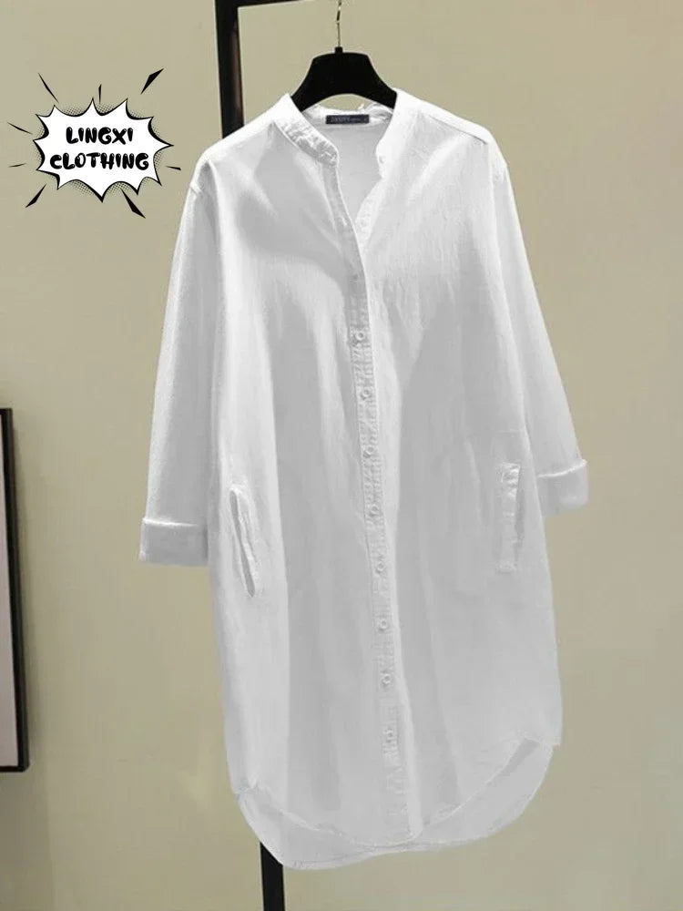 Elegant Cotton Linen Women’s Mid-Length Shirt – Casual Commuter Style - Evallys.com