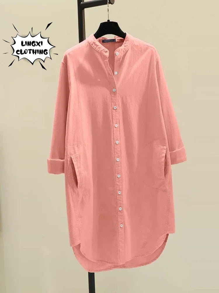 Elegant Cotton Linen Women’s Mid-Length Shirt – Casual Commuter Style - Evallys.com