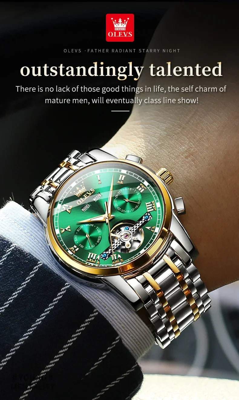 OLEVS Men's Watches Automatic Mechanical Business Wristwatch Waterproof Stainless Steel Strap Watch for Man Skeleton Calendar - Evallys.com