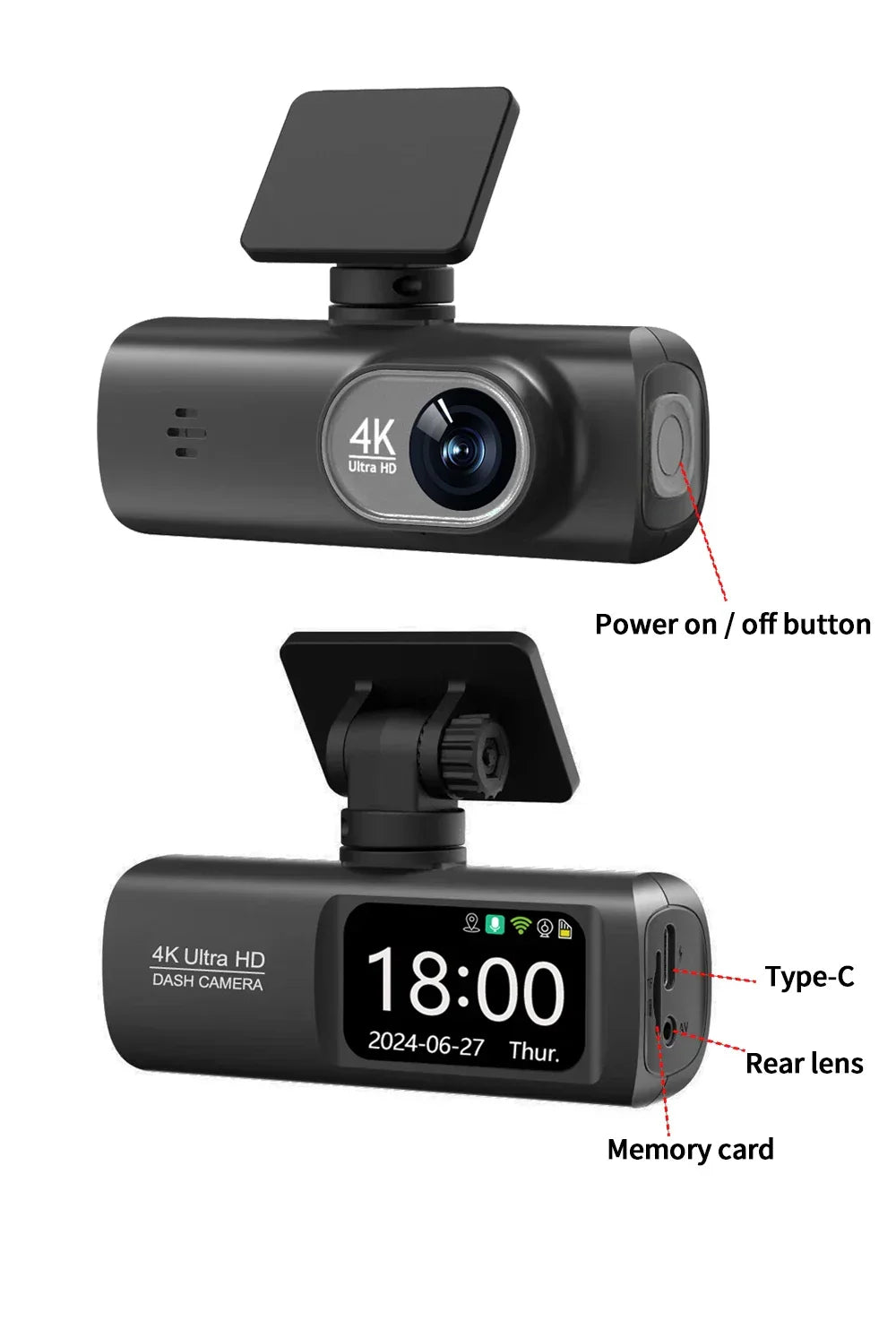 UHD 4K Dash Cam Dual Lens Driving Recorder Car DVR 1080P Rear Lens Camera Built-In WiFi GPS 24-Hour Parking Monitoring Black Box - Evallys.com
