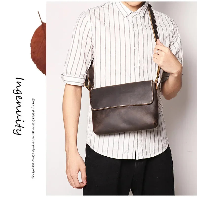 Crazy Horse Leather Men's Shoulder Bag Genuine Leather Small Bag Crossbody Cowhide Bag for Man High Quality Men Satchel Bags - Evallys.com
