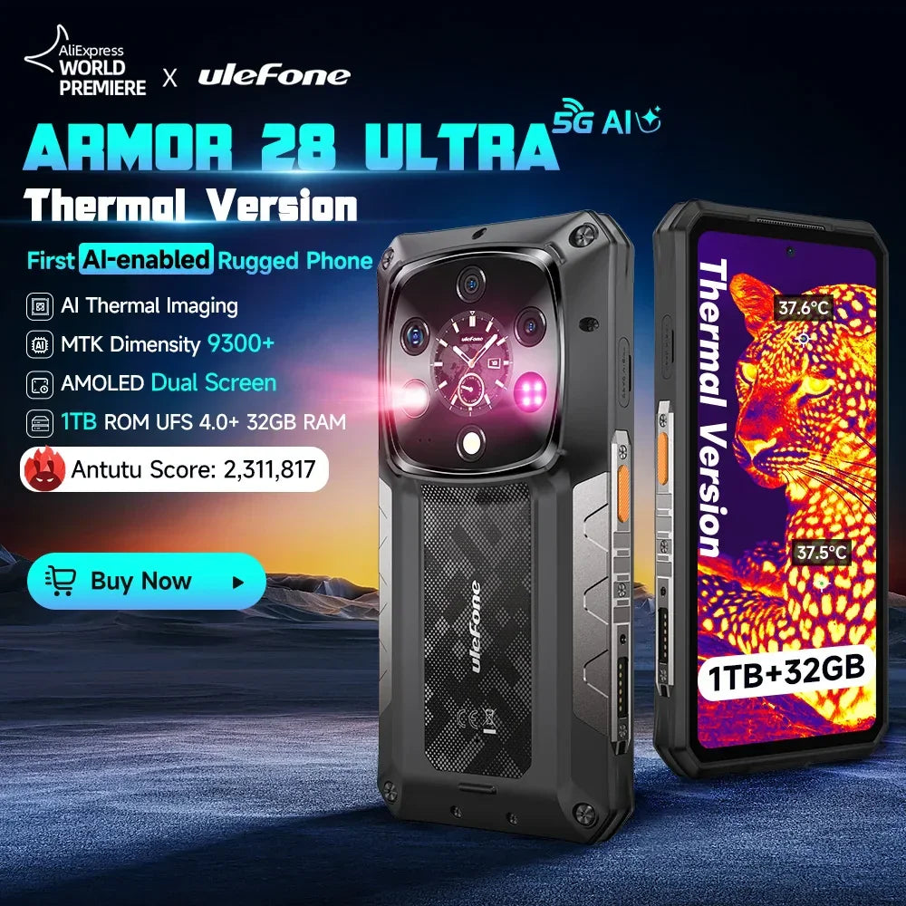 Ulefone Armor 28 Ultra 5G AI Thermal Imaging Rugged Phone Dimensity 9300+ 1TB ROM 32GB RAM Android Smartphone AMOLED Mobile - Evallys.com