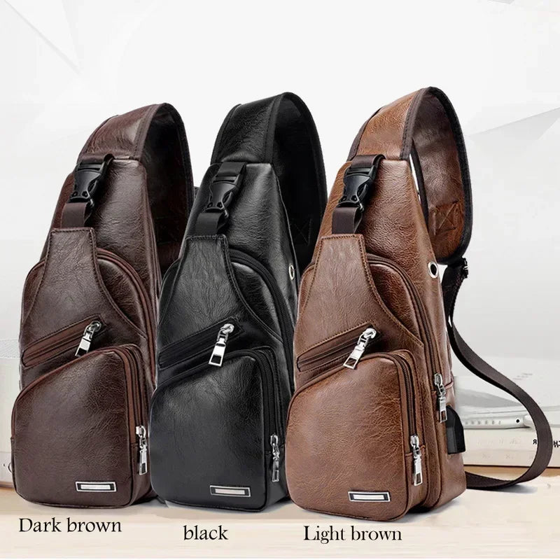 Men’s PU Leather Chest Bag – USB Charging Travel Crossbody Messenger - Evallys.com