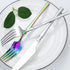 Stainless steel dinnerware set including colorful forks and knife on a plate with leafy garnish.