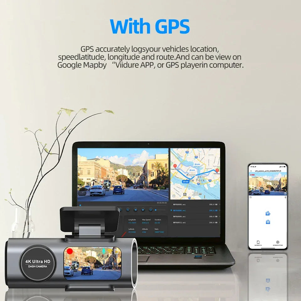 Dash Cam Dual Lens 4K UHD Recording Car Camera DVR Night Vision Video Recorder Built-In Wi-Fi Support GPS 24H Parking - Evallys.com