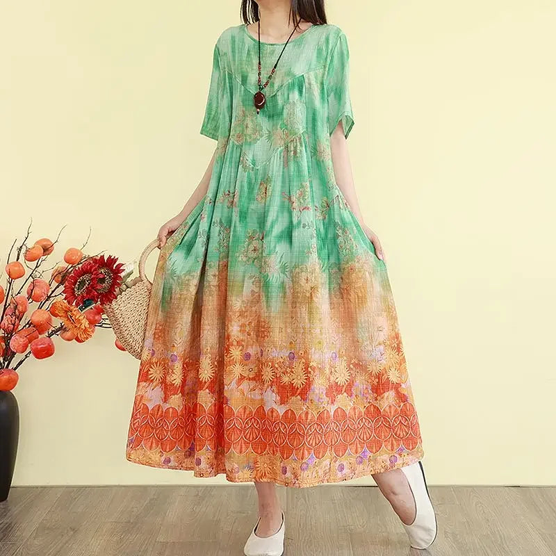 Retro Cotton Linen Dress – Summer Print Loose Long Maxi Dress - Evallys.com