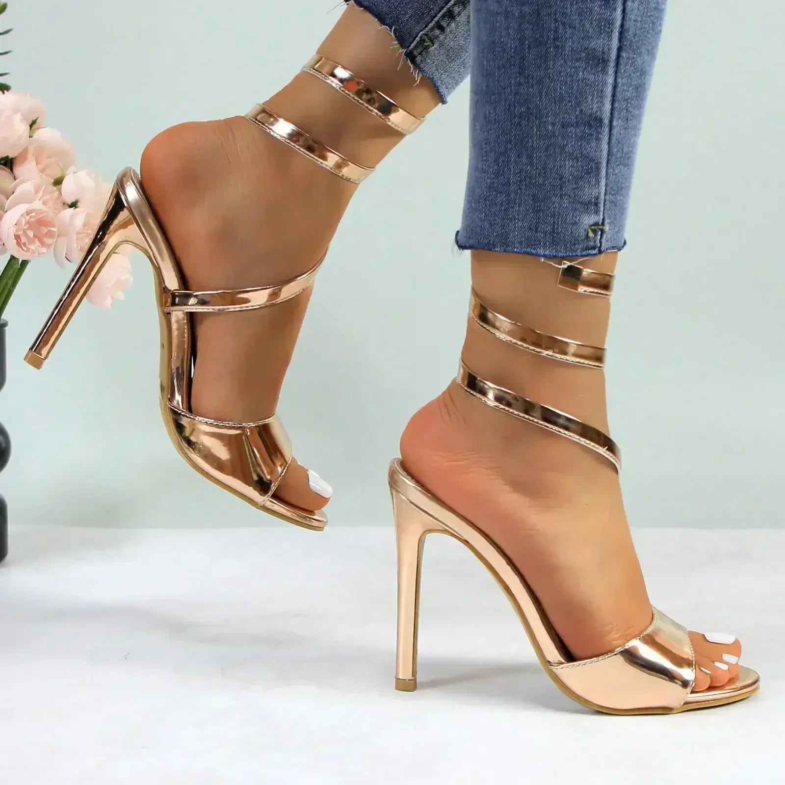 GLAZE Women's Strappy Gold Stilettos - Lace-Up Ankle Wrap Heels with Cushioned Insole for Parties & Formal Events - Evallys.com