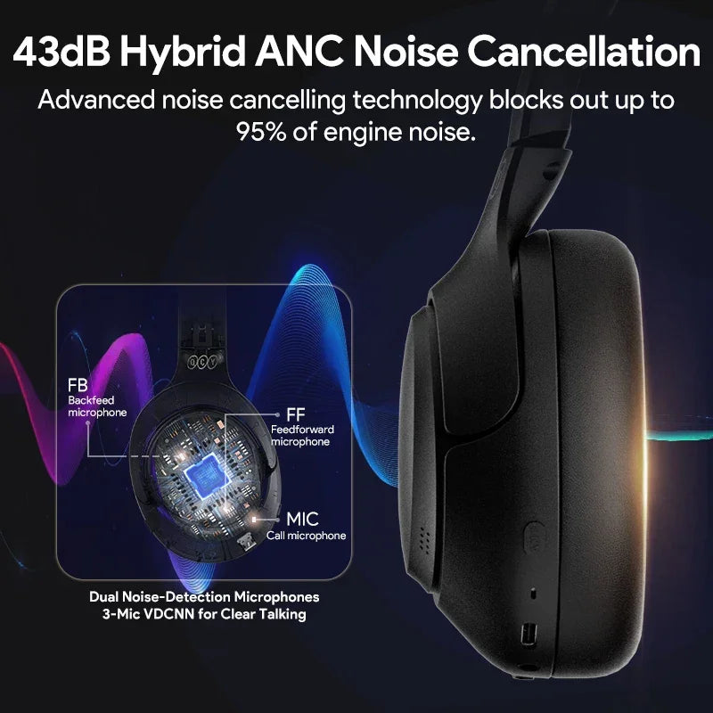 QCY H3 ANC Wireless Headphones Bluetooth 5.4 Hi-Res Audio Over Ear Headset 43dB Hybrid Active Noise Cancellation Earphones 60H - Evallys.com
