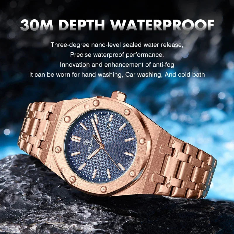 PENGAGAR Square Luxury Men Wristwatch Waterproof Luminous Date Stainless Steel Male Clock Business Sports Quartz Watches For Men - Evallys.com