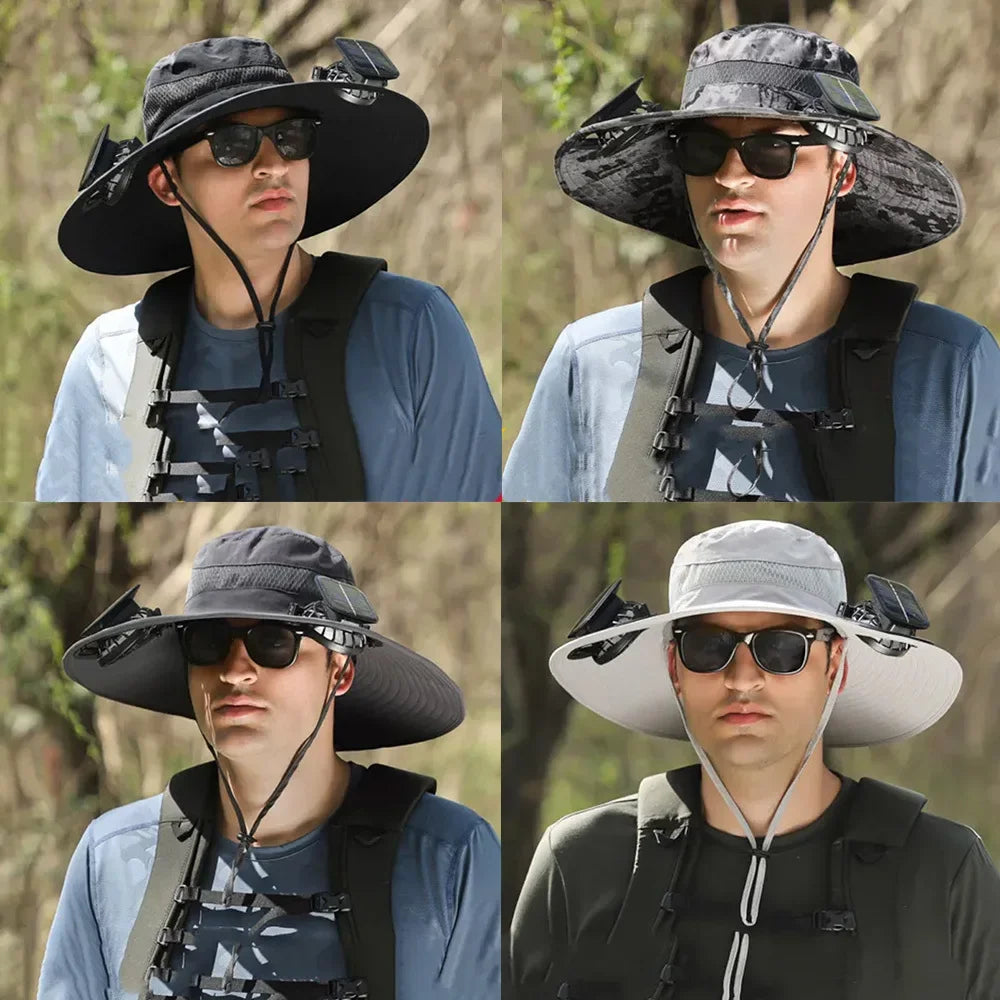 Solar Fan Sun Hat – Wide Brim Outdoor UV Protection Fishing Hat - Evallys.com