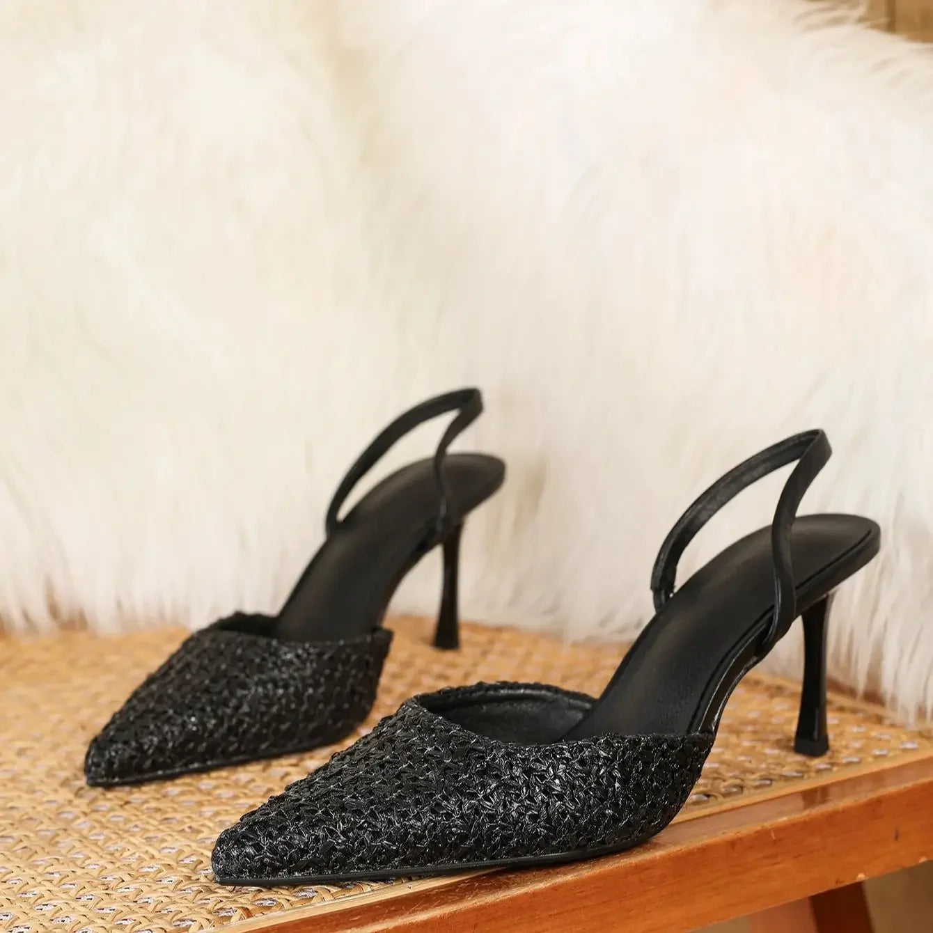 Women Pointed Toe Pumps Shoes 3.2inch High Heel Slip On Rhinestone Glitter Heels Comfy Heels for Party Working Dressy - Evallys.com