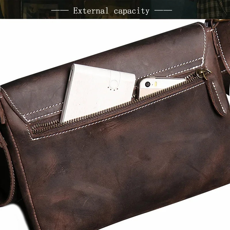 Crazy Horse Leather Men's Shoulder Bag Genuine Leather Small Bag Crossbody Cowhide Bag for Man High Quality Men Satchel Bags - Evallys.com