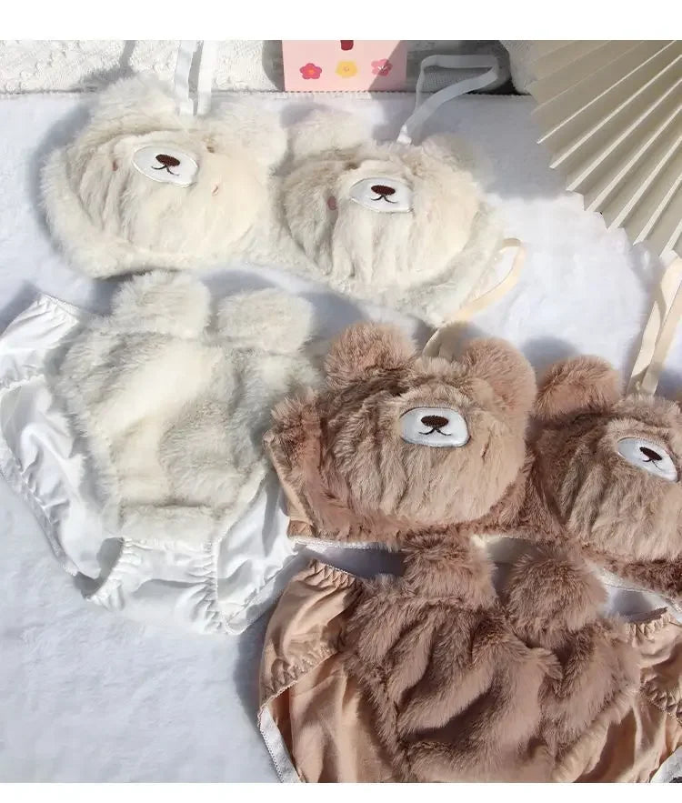 Japanese Girls Winter Soft Ropa Interior Cute Lingerie for Women Cartoon Bear Students Plush Sexy Bras Wireless Thin Bra Set - Evallys.com