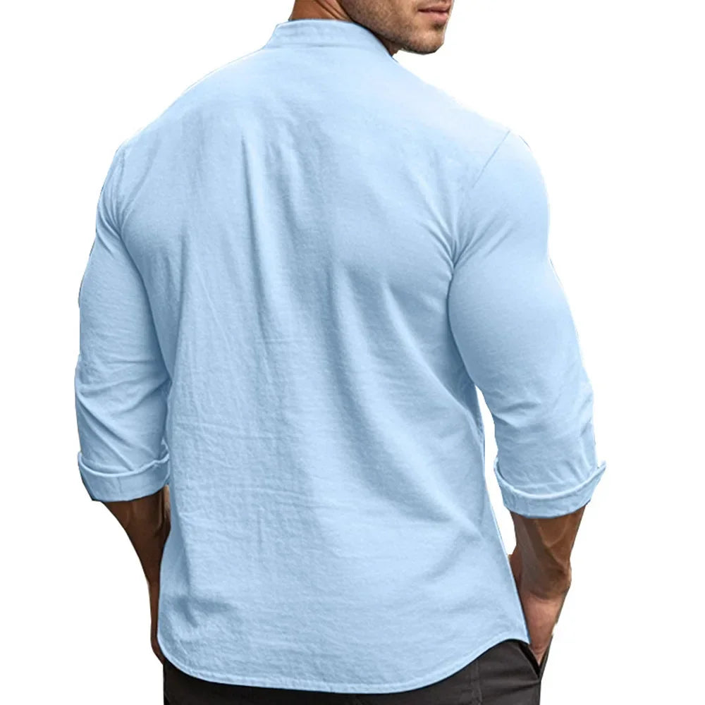 Men's Henry Shirts Cotton Linen Slim Fit Causal Hawaiian Solid Color Basic Style Spring Summer Breathable Men Clothing - Evallys.com