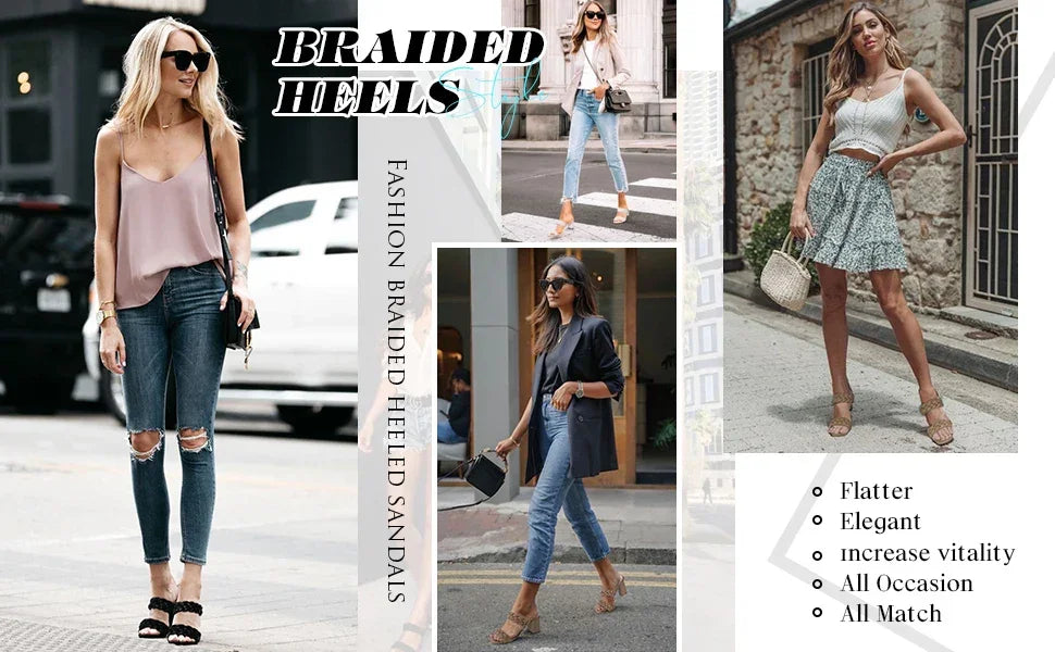 Elegant Women's Braided Heels Sandalias Fashion Strappy Square Sandals Open Toe Backless Mules Slip On Block Heeled Shoes - Evallys.com