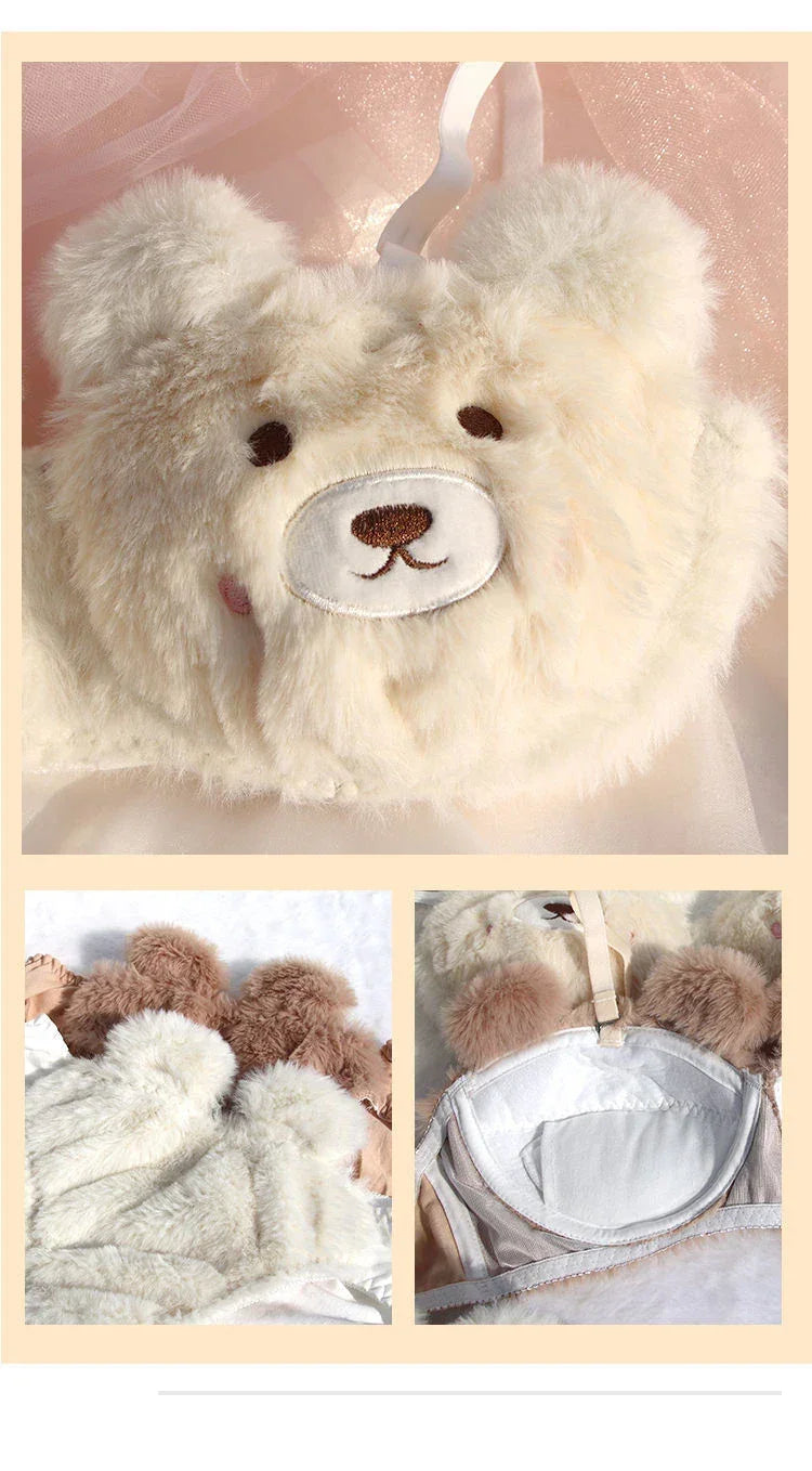 Japanese Girls Winter Soft Ropa Interior Cute Lingerie for Women Cartoon Bear Students Plush Sexy Bras Wireless Thin Bra Set - Evallys.com