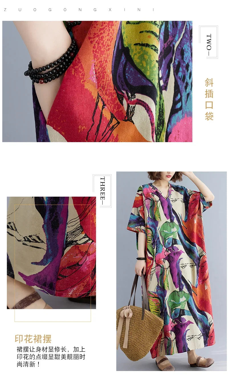 Vintage Floral Cotton Linen Maxi Dress – Oversized Boho Summer Wear - Evallys.com