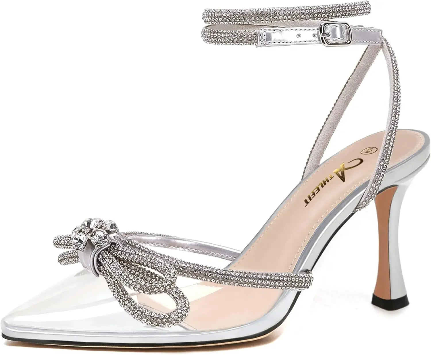 Women's Rhinestone Bow Heels Ankle Strap Pointed Toe Stiletto Heeled Sandals Wedding Bridal Dress Pumps Shoes - Evallys.com