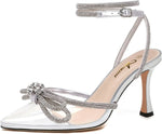 Women's Rhinestone Bow Heels Ankle Strap Pointed Toe Stiletto Heeled Sandals Wedding Bridal Dress Pumps Shoes - Evallys.com