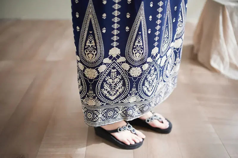 Summer Ethnic Print Dress with Pockets – Loose Mid-Calf Casual Wear - Evallys.com