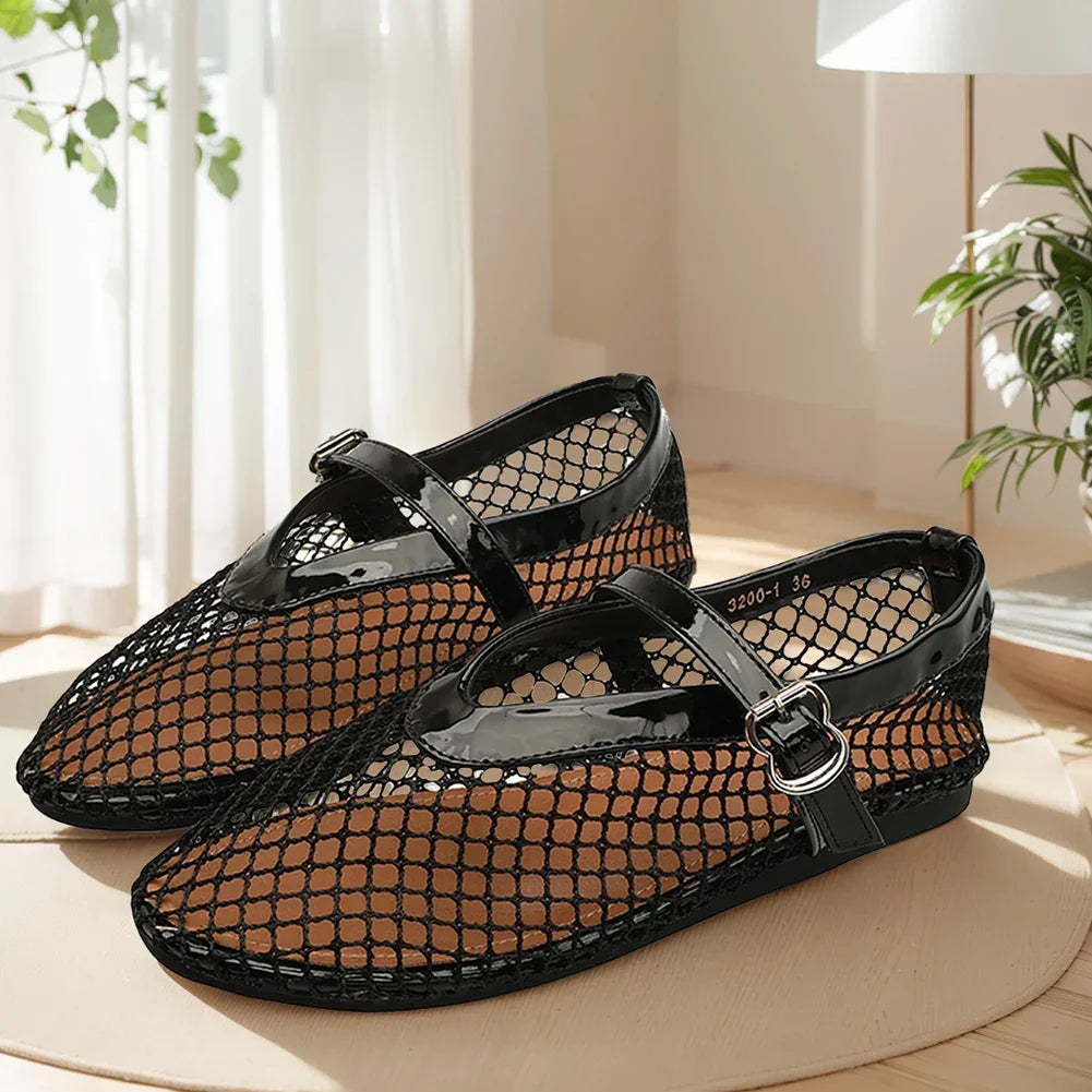 Women Mesh Ballet Flats Fishnet Ballerina Flats Comfortable Slip On Ballerina Shoes Round Toe Ballet Shoes for Outdoor Travel - Evallys.com