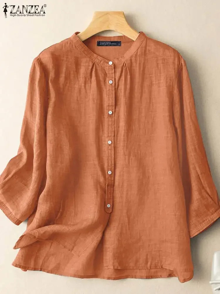 ZANZEA 2025 Spring Summer Blouses Casual Women Shirts Solid Color 3/4 Sleeve Buttons Cotton Linen Blusas Solid Top Casual Tunic - Evallys.com