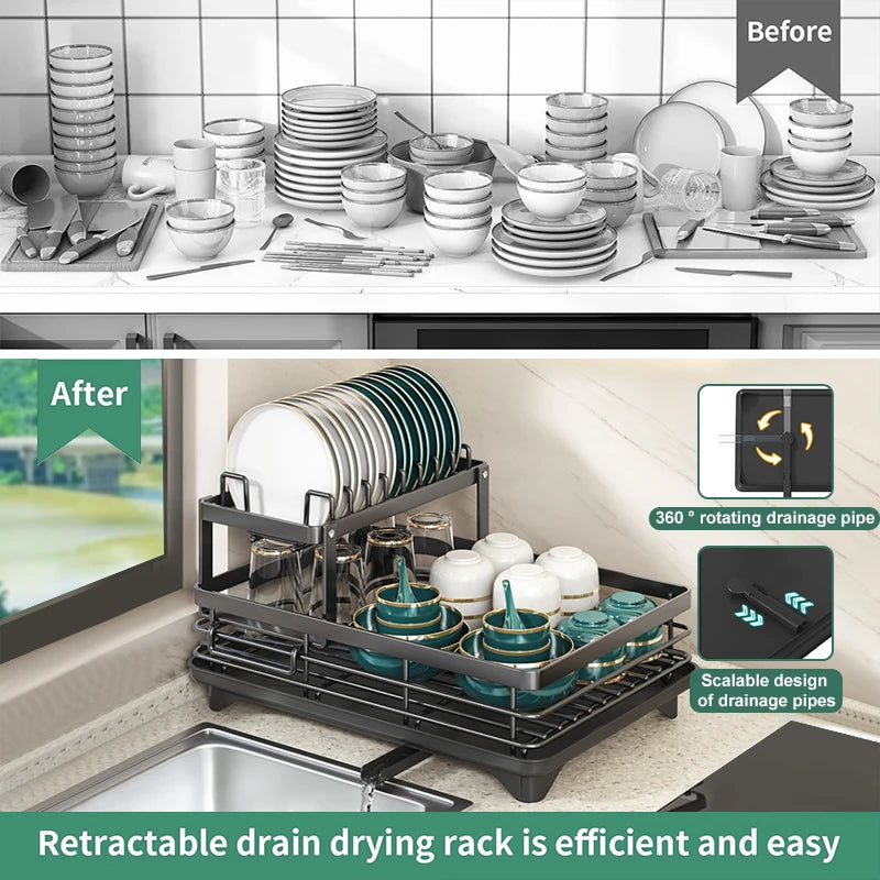 Dish Drying Rack for Kitchen Counter - Large Dish Rack with Drainboard, Adjustable Swivel SpoutRustproof Dish Drainer, Black