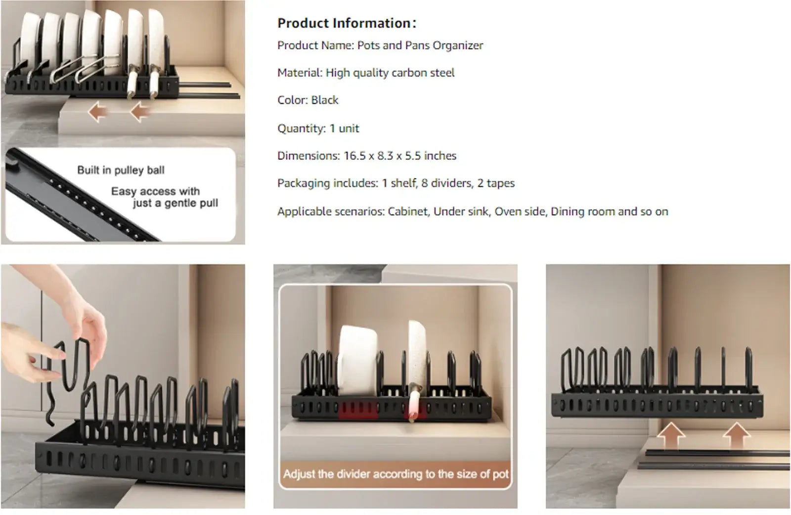 Pots and Pans Organizer Under Cabinet,Sliding Pot Lid Holder and Pan Rack Kitchen,Pull out Pot and Pan Organizer,Dishes Storage