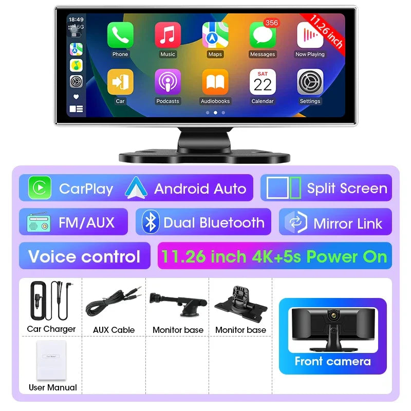11.26 inch Car DVR 4K Dash Cam Dual Lens Wireless Carplay & Android Auto Video Recorder Monitor GPS Navigation 5G Wifi FM AUX - Evallys.com