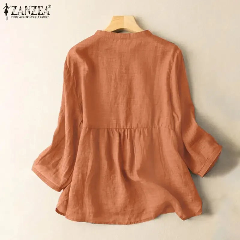 ZANZEA 2025 Spring Summer Blouses Casual Women Shirts Solid Color 3/4 Sleeve Buttons Cotton Linen Blusas Solid Top Casual Tunic - Evallys.com