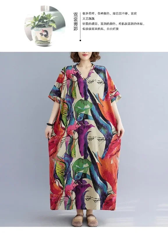 Vintage Cotton Summer Maxi Dress – Harajuku Floral Beachwear - Evallys.com