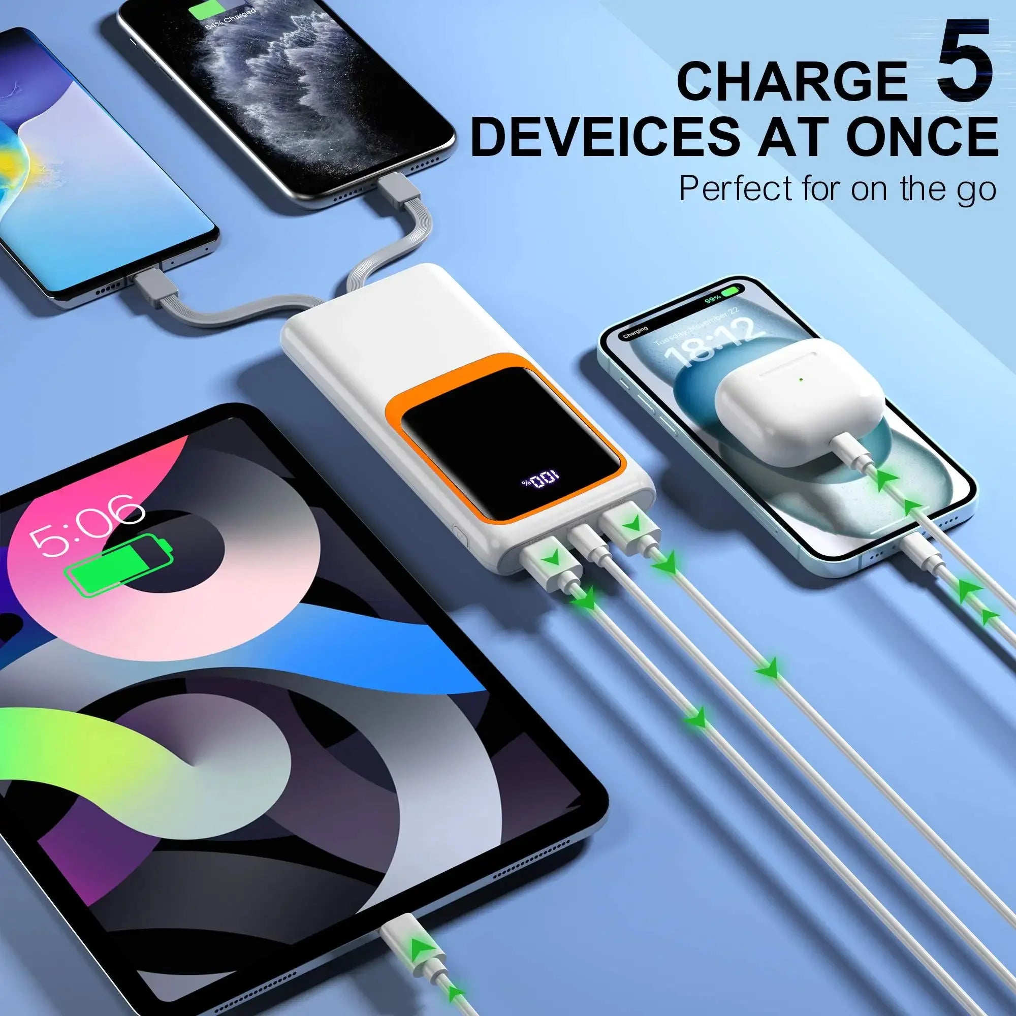 Power Bank Battery Pack Portable Charger 10000mAh with Built-in Cables, PD 22.5W, Slim Design, with LCD Display - Evallys.com