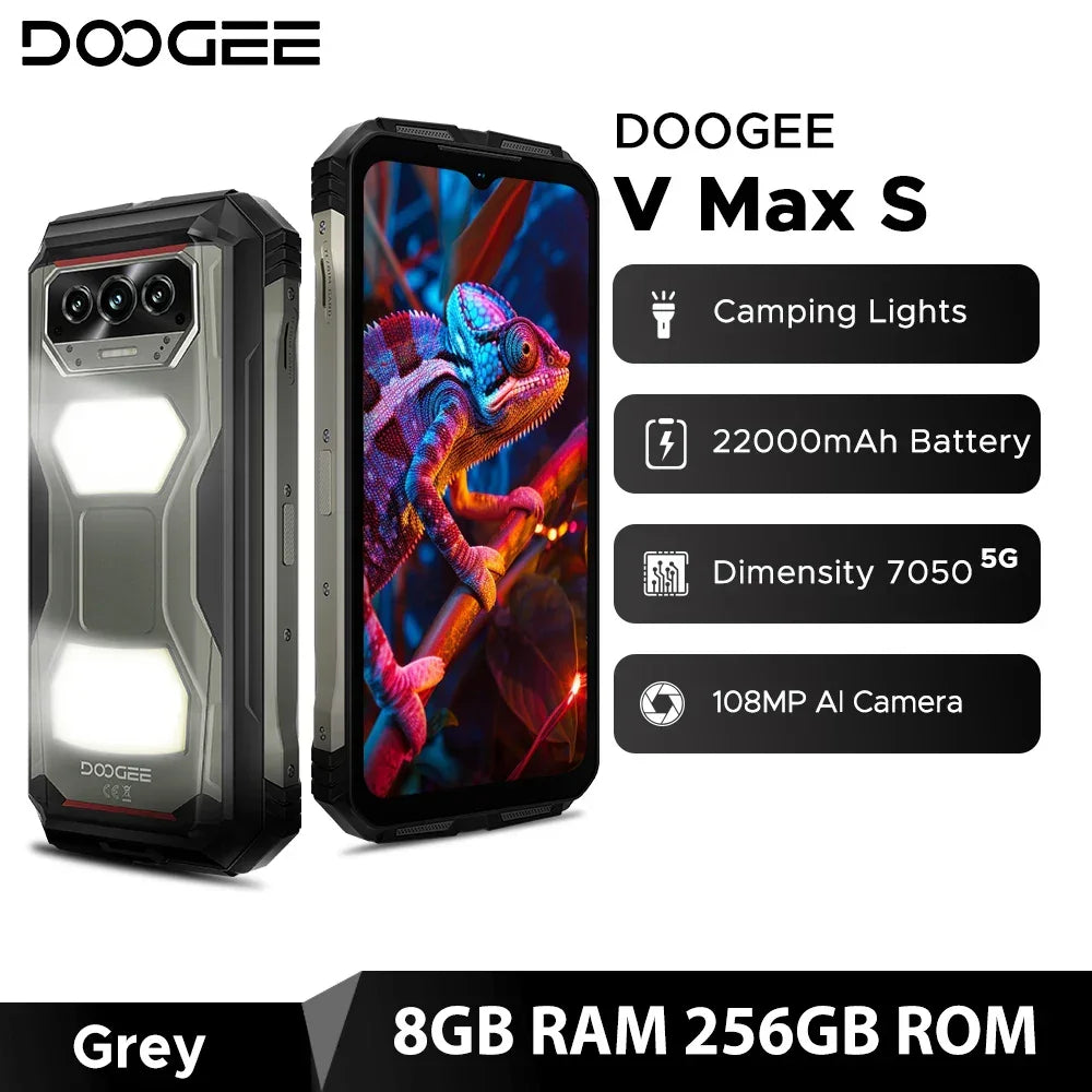 World Premiere DOOGEE V Max S 5G Rugged Phone Dual Camping Lights 22000mAh Battery 24GB(8+16) 256GB 108MP AI Camera Smartphone - Evallys.com