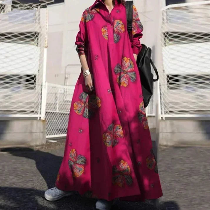 Vintage Cotton Linen Shirt Dress Women’s Autumn Long Maxi Robe - Evallys.com